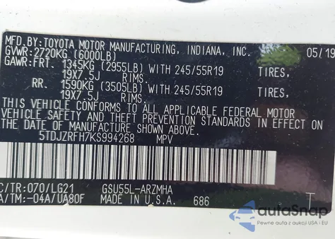 2019 Toyota Highlander Se из США, поврежденный, VIN 5TDJZRFH7KS994268